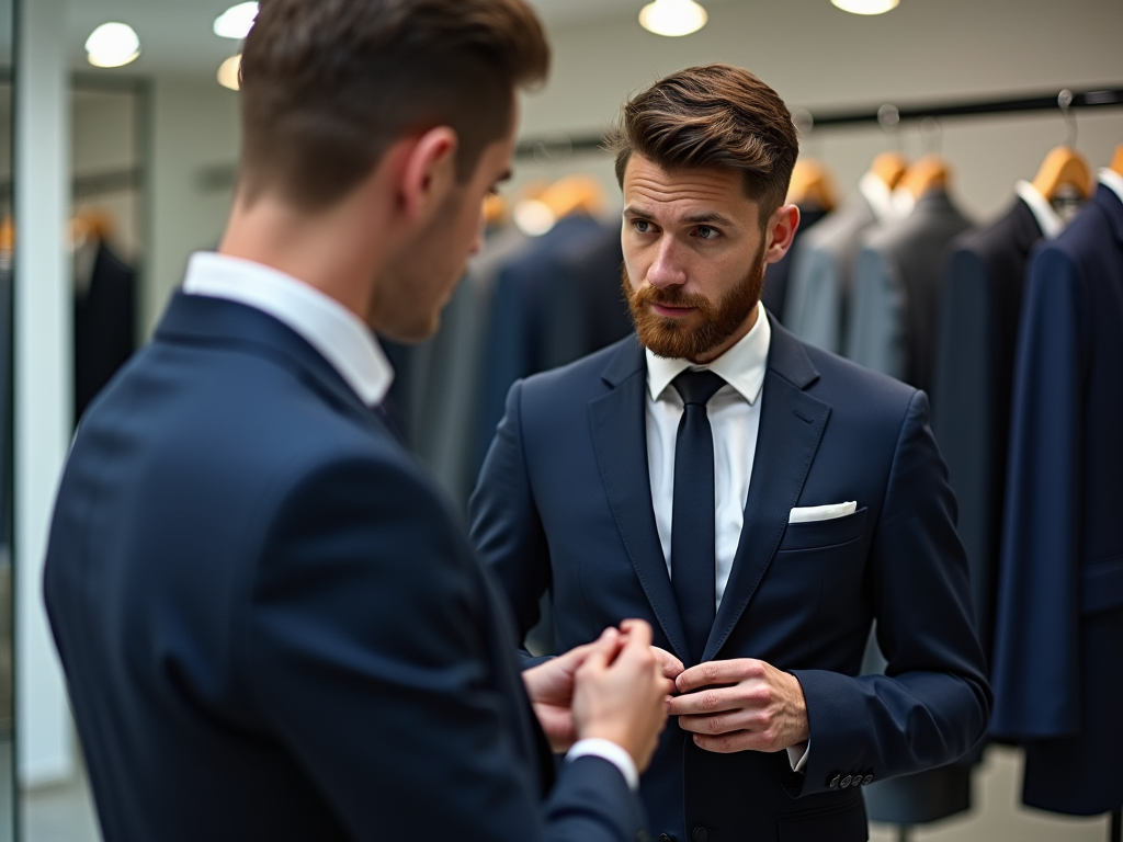 Man in suit adjusting cufflinks while looking at his reflection in a clothing store mirror.