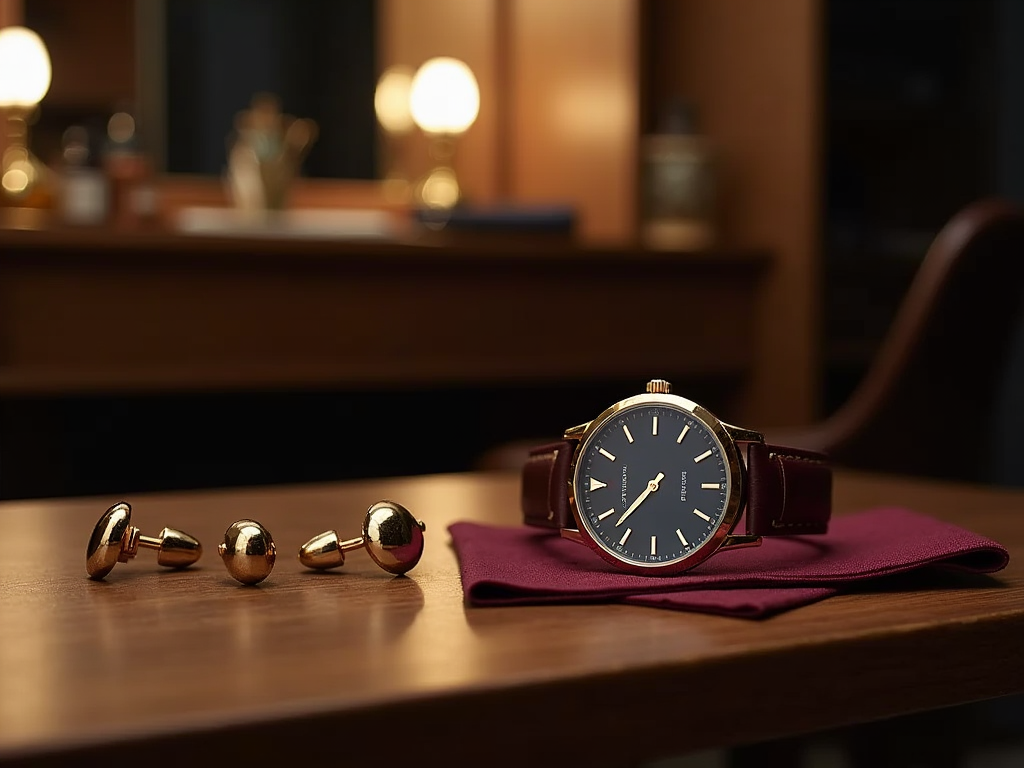 Elegant wristwatch and golden cufflinks on a purple cloth, dark room with warm lighting.