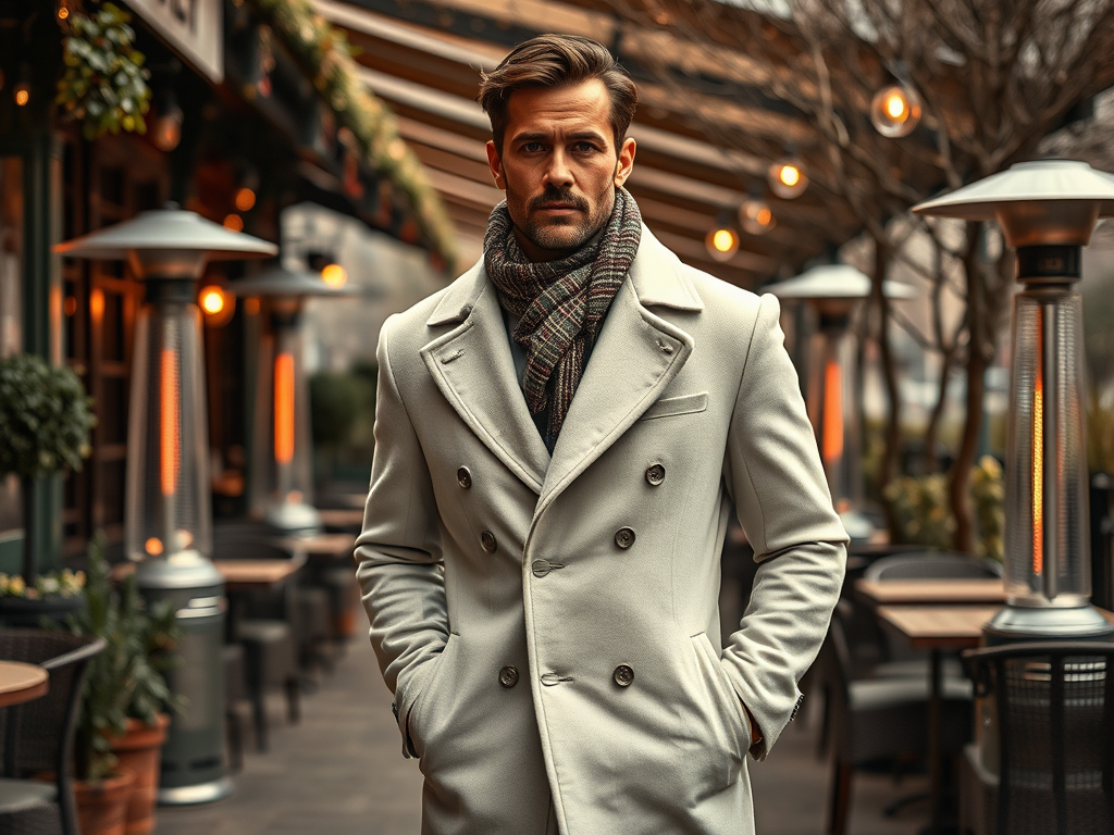 A stylish man in a light coat and scarf stands outside a cafe, looking confidently at the camera.