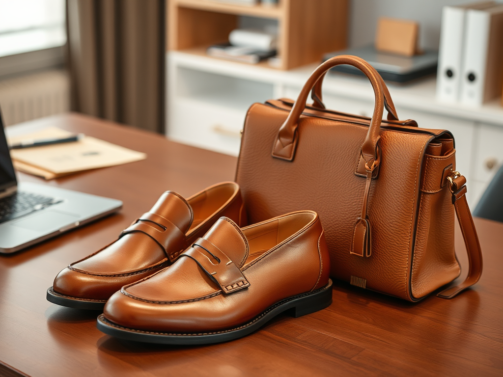 A pair of brown leather loafers and a matching handbag are placed on a wooden table beside a laptop and papers.