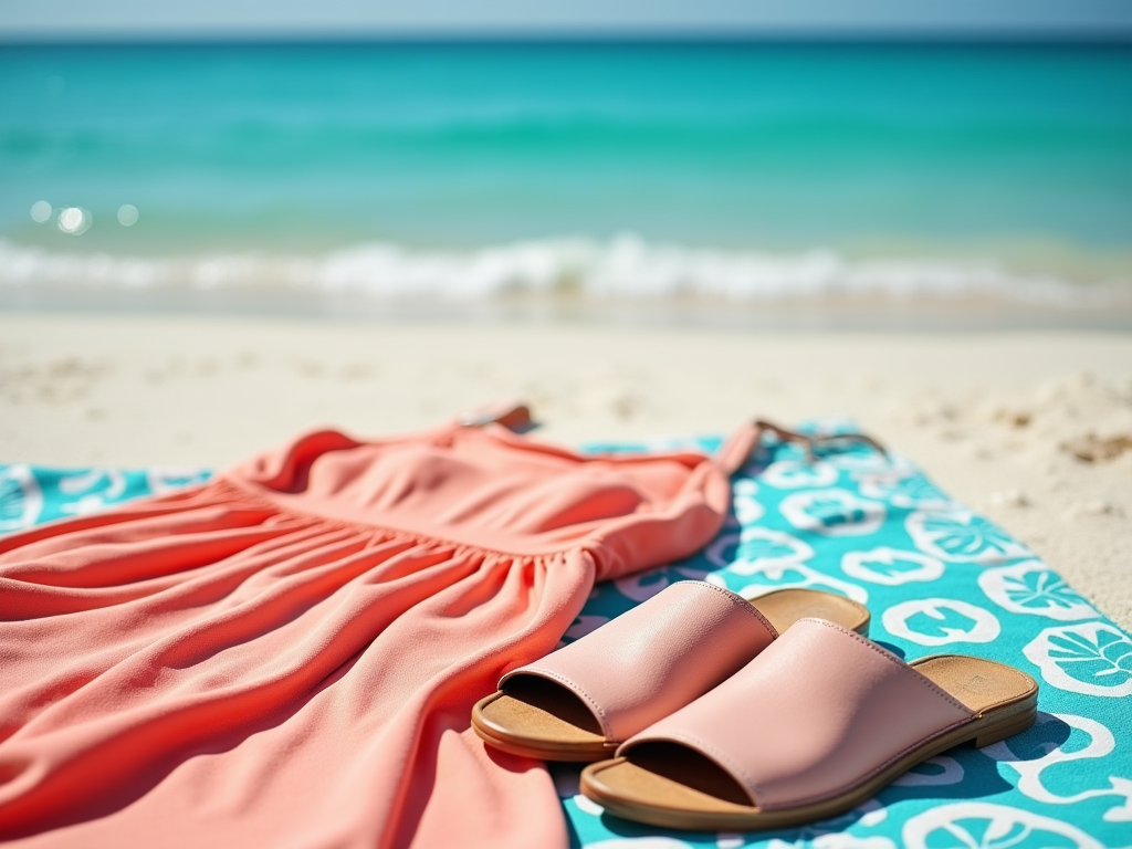 Pink sandals and dress on a turquoise beach towel by the ocean on a sunny day.