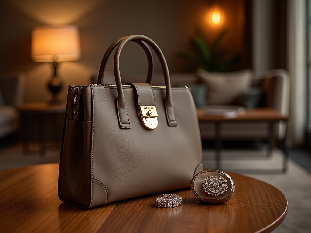 Elegant taupe handbag with gold clasp, paired with matching wallet and jewelry on a wooden table in a cozy room.