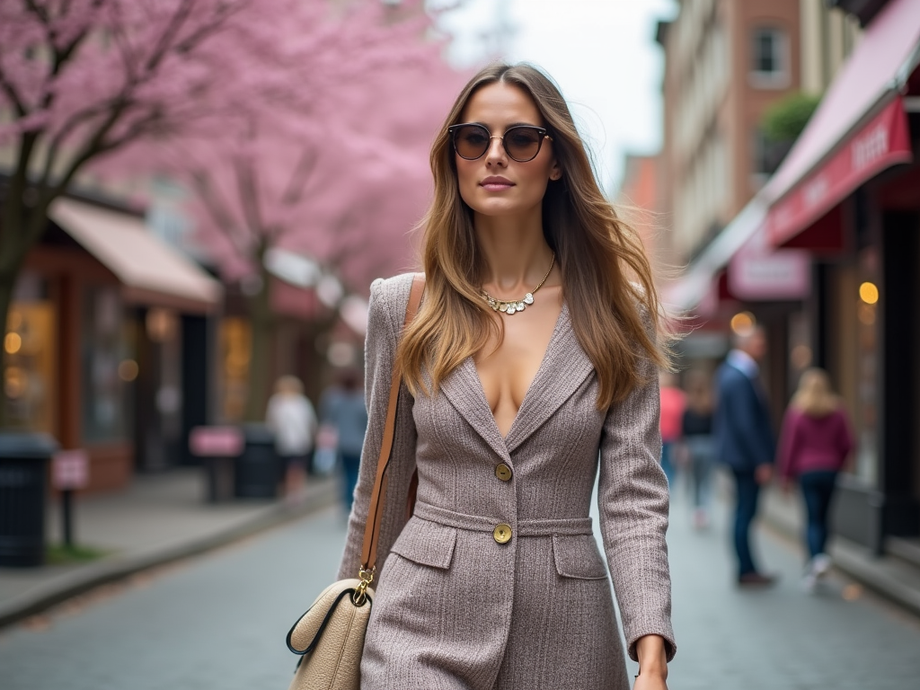 Woman in sunglasses and stylish suit walking on a city street with pink blooming trees.