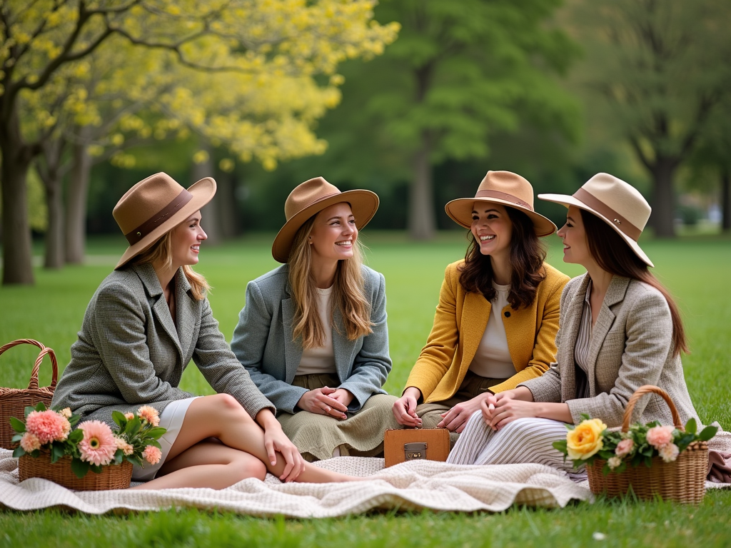 Four women in hats laughing and chatting on a picnic blanket in a park.