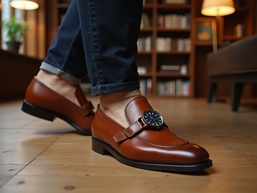 Close-up of brown leather loafers and blue jeans on wooden floor in a library.