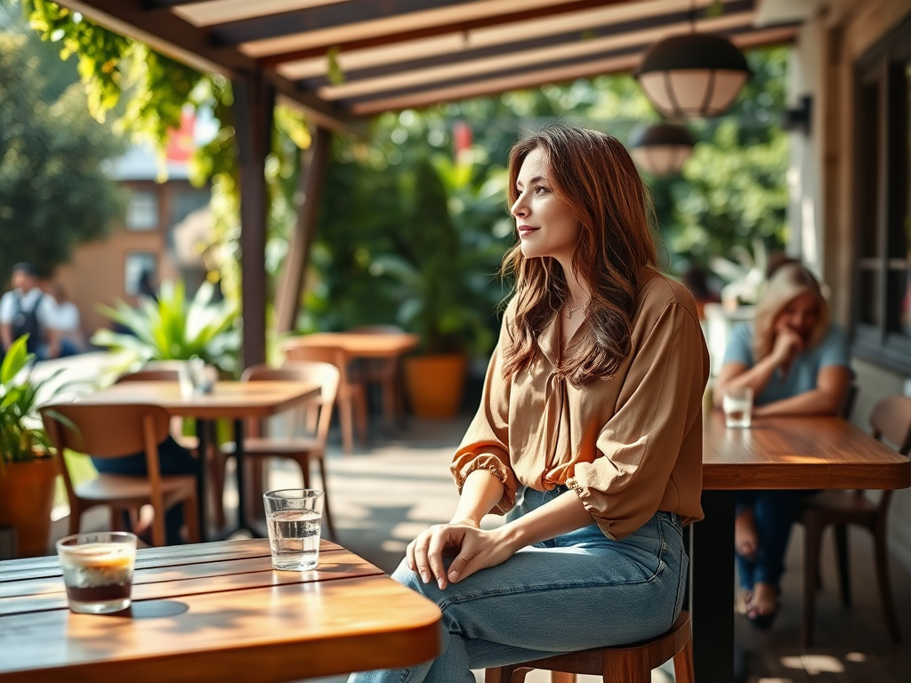 A woman sits thoughtfully at a café table, surrounded by greenery and other patrons enjoying their drinks.