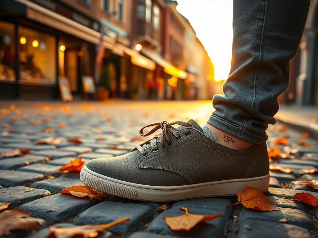 A close-up of a sneaker resting on cobblestones, surrounded by autumn leaves, with a warm sunset glow in the background.