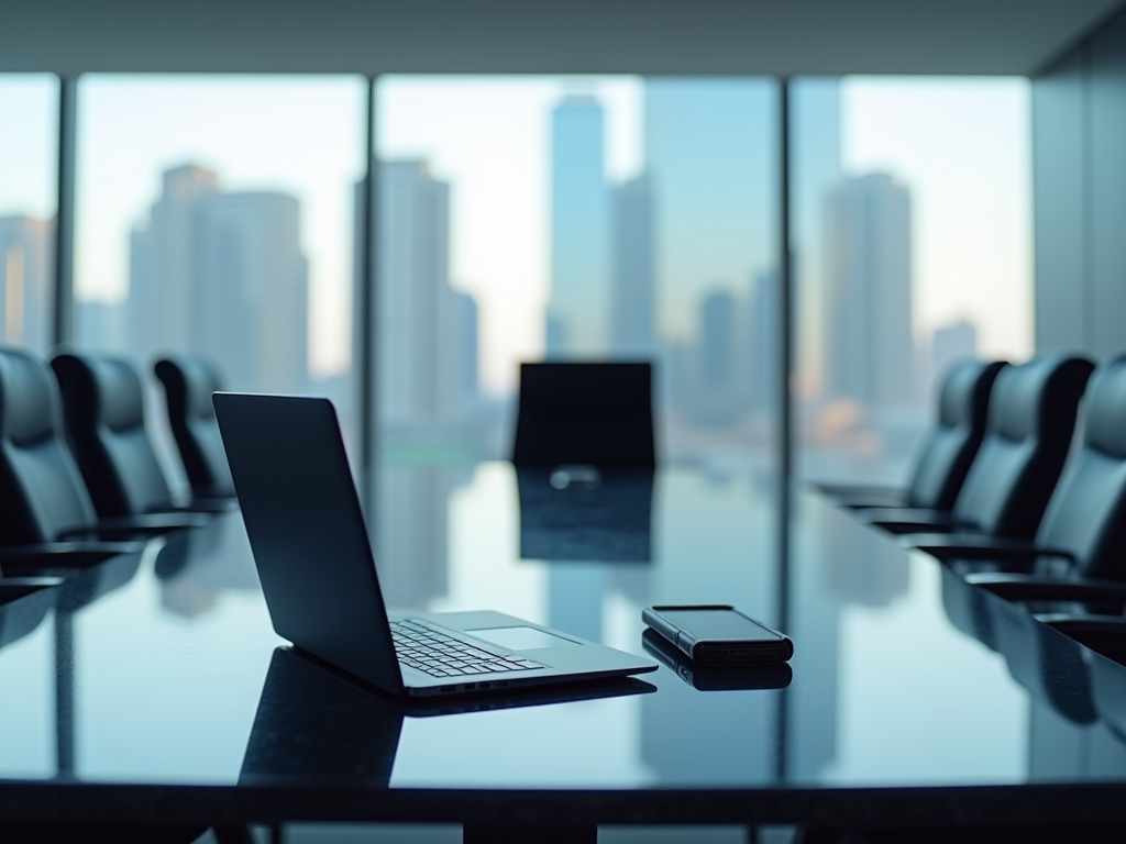 Laptop and smartphone on a glossy table in a high-rise office with city skyline views.