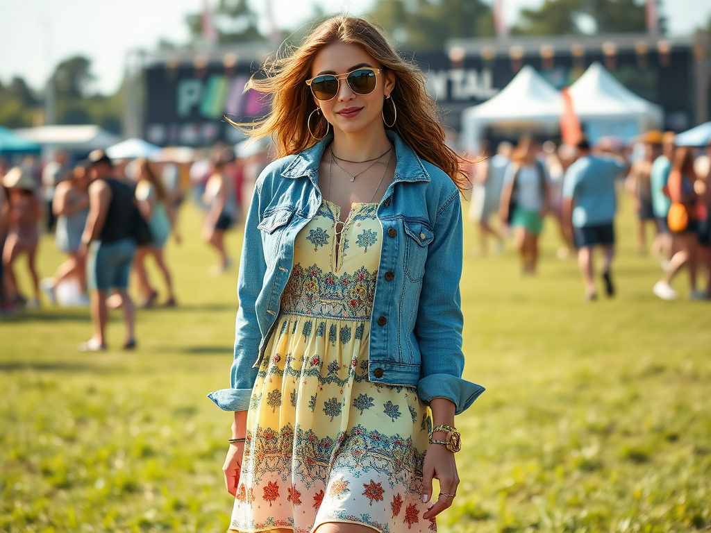 A young woman in sunglasses and a denim jacket smiles as she walks through a lively outdoor festival crowd.