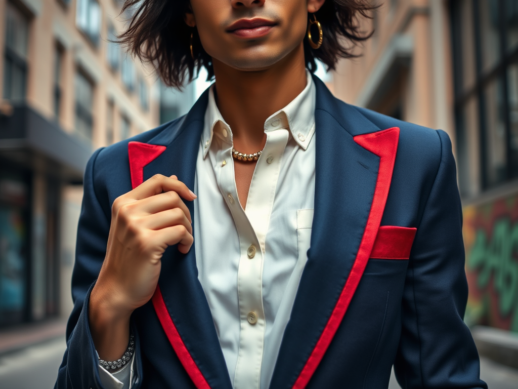 A stylish individual in a blue blazer with red accents, standing confidently against an urban backdrop.