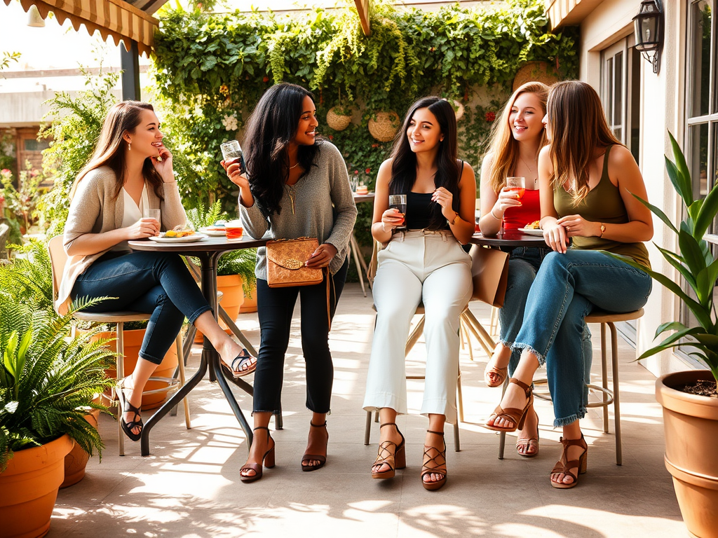 A group of five women enjoying drinks and food at a café with greenery in a sunny outdoor setting.