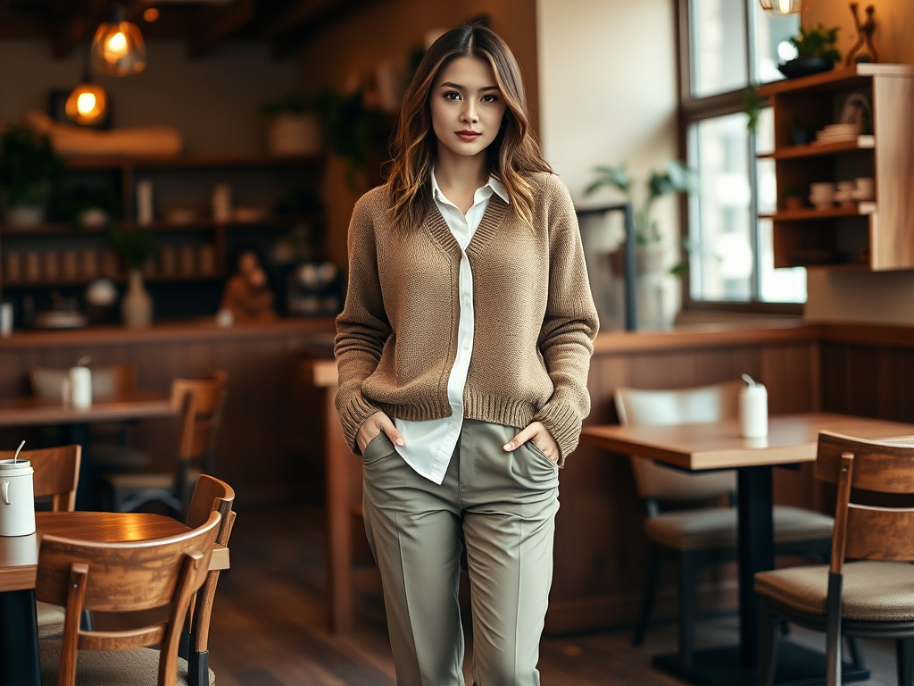 A young woman in a cozy café, wearing a brown sweater and light pants, stands with hands in pockets, smiling.