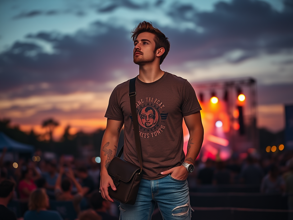 A young man stands thoughtfully against a sunset, with a festival crowd and stage lights blurred behind him.