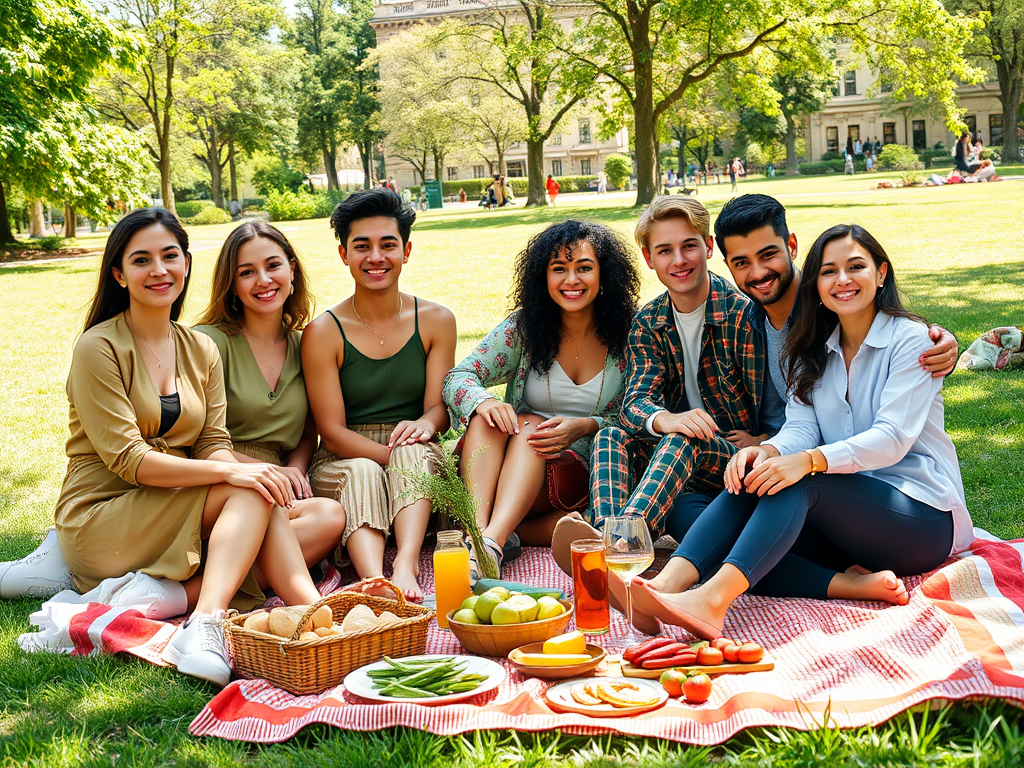 A diverse group of seven young adults enjoy a picnic on a sunny day, surrounded by greenery and food.