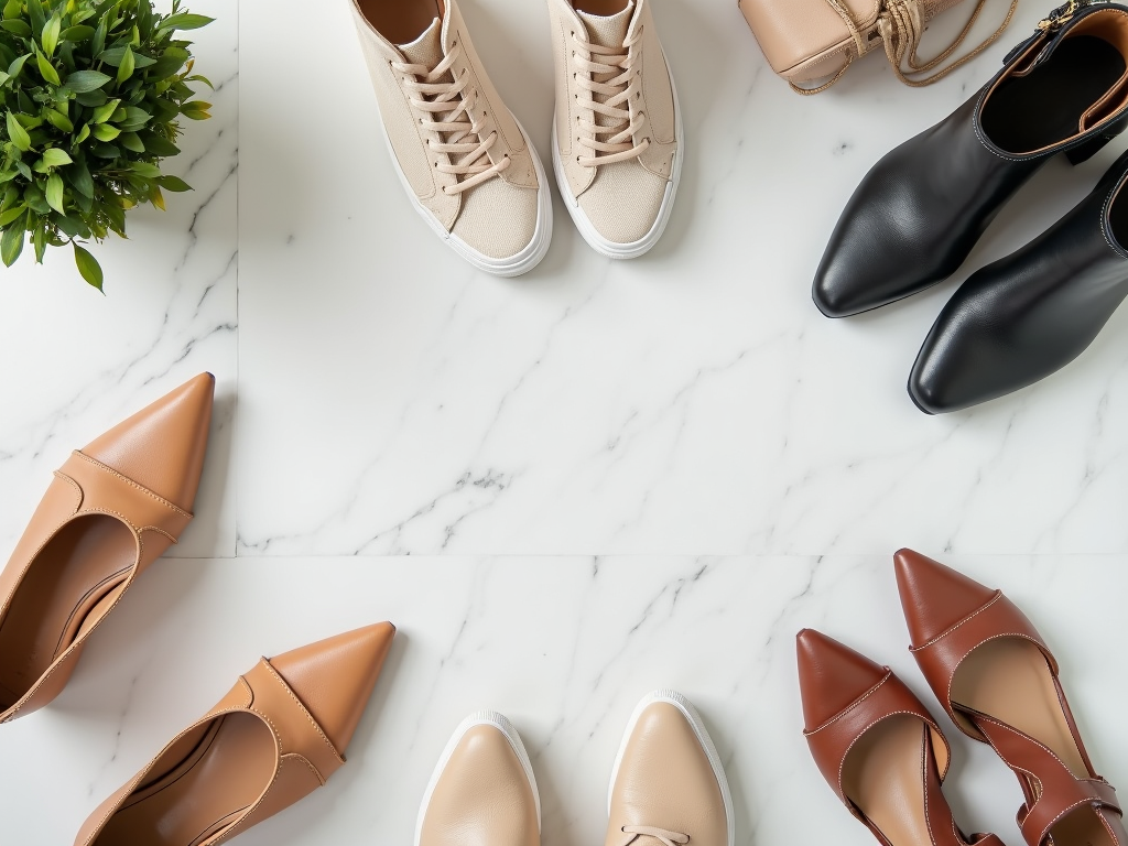 Assorted shoes on a marble surface: sneakers, high heels, and boots, with a plant and a purse.