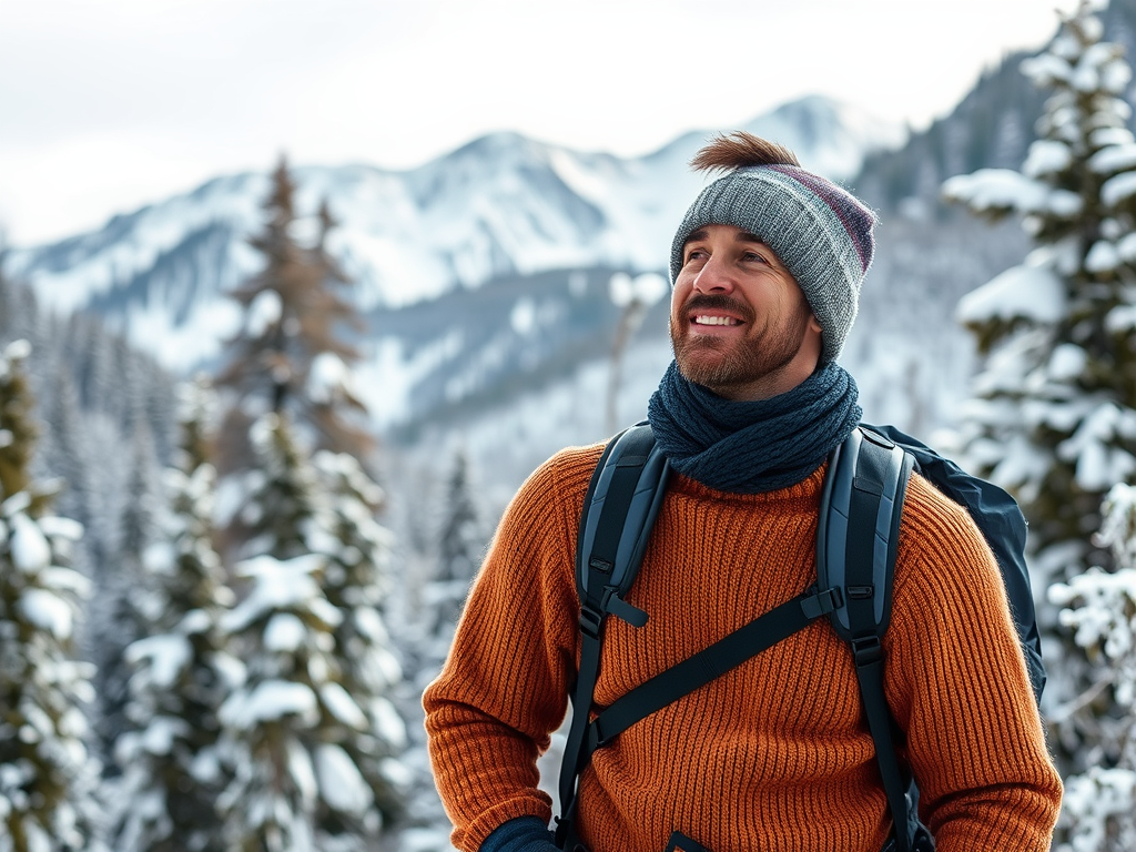 A smiling man in an orange sweater and gray hat stands in a snowy mountain landscape, looking up.