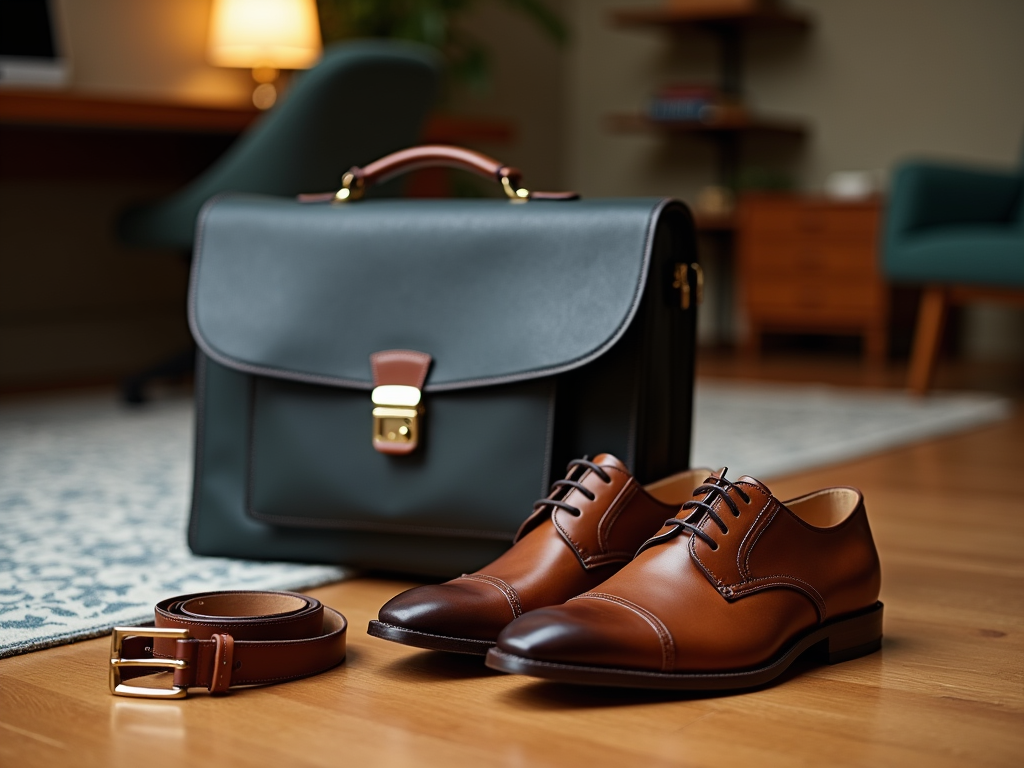 Leather shoes, belt, and gray briefcase on a wooden floor, stylish office background.