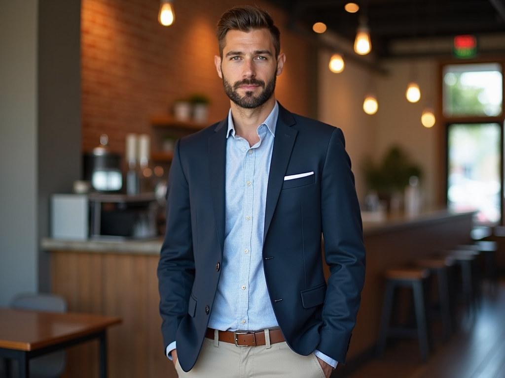 Confident man in suit standing in a modern cafe.