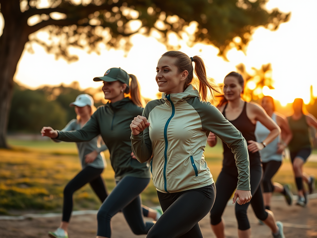 A group of women jogging together in a park at sunset, smiling and enjoying their workout.