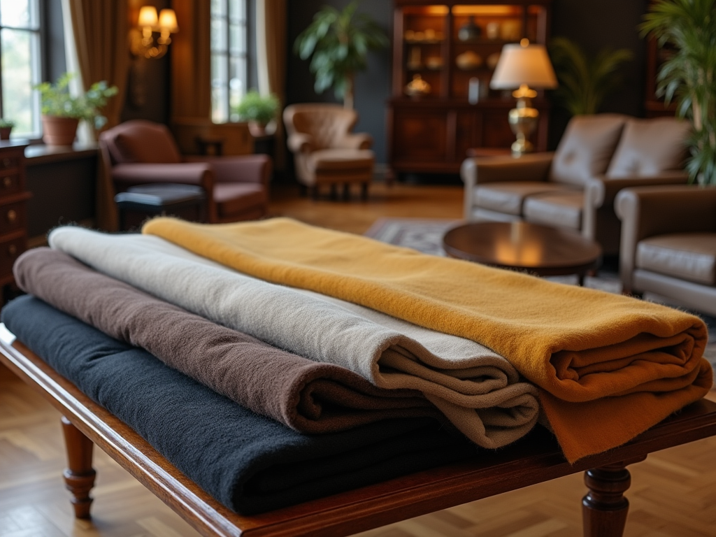 Four rolled cashmere blankets on a table in an elegant living room setting.