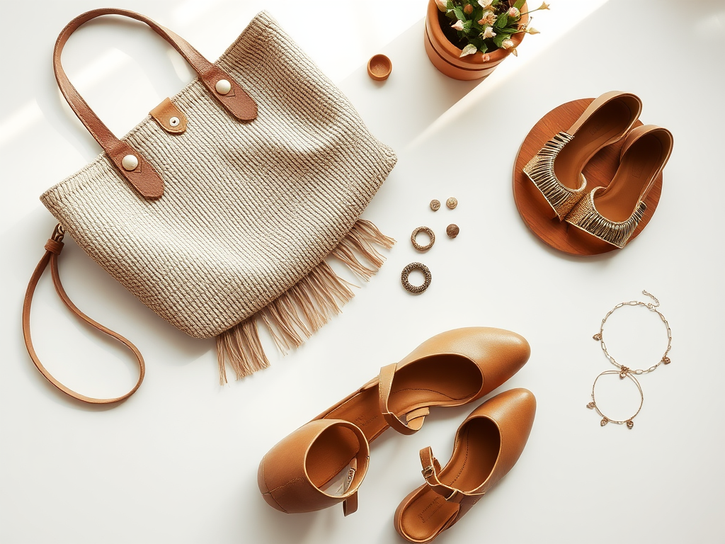 A stylish arrangement of a handbag, shoes, jewelry, and a potted plant on a bright background.