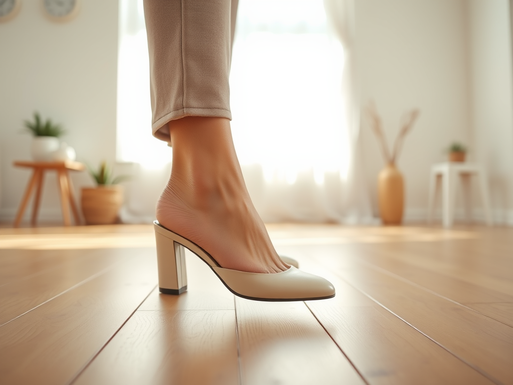 A close-up of a foot wearing a beige high-heeled shoe, set in a bright, cozy room with wooden flooring.