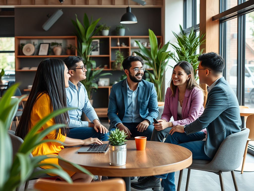 A group of five friends engages in a lively discussion at a cozy café surrounded by indoor plants.