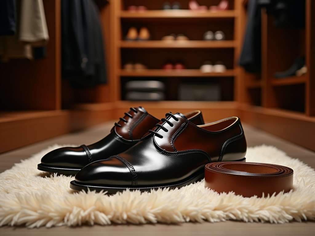 Elegant black leather dress shoes with a matching brown belt on a plush rug, closet shelves in the background.