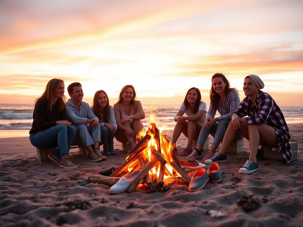 A group of friends sitting by a campfire on the beach at sunset, enjoying each other's company.