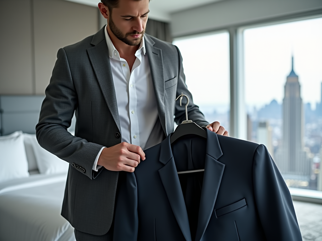 Man in gray suit holding a navy blazer in a room with a city view through large windows.