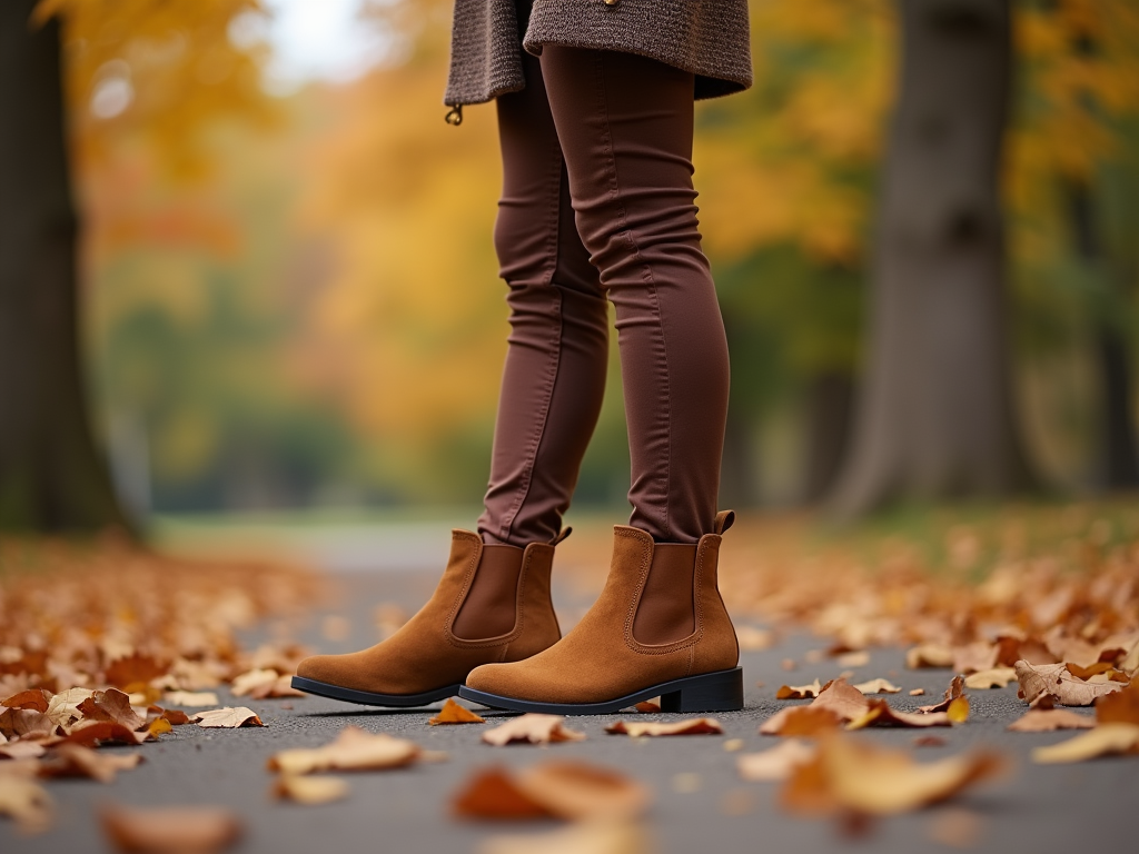 Person in brown boots and pants standing on a leaf-covered path in autumn.