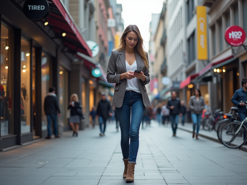 Woman walking on busy street looking at her phone, shops and people in background.