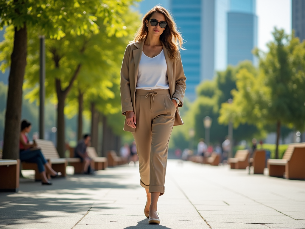 Woman in beige suit walking confidently along a city park pathway, trees and park benches in background.