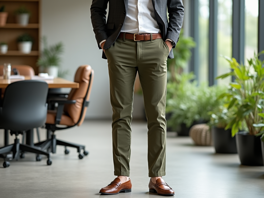 Man in stylish business attire with green pants and brown shoes in a modern office setting.