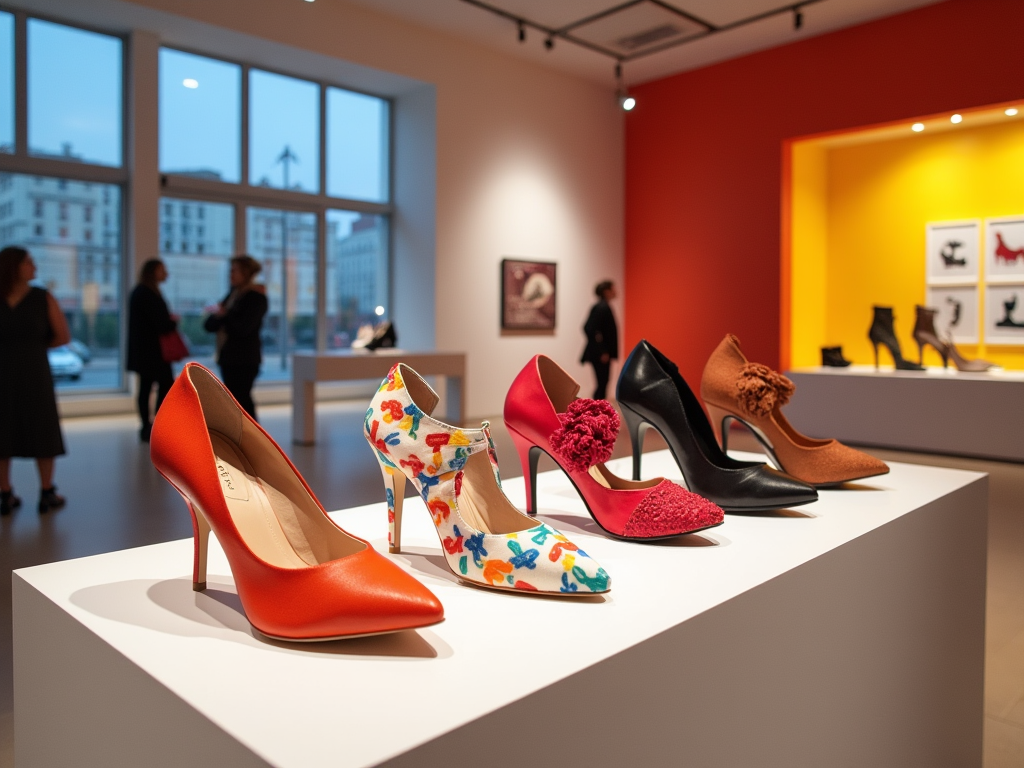 Assortment of stylish women's shoes on display in a contemporary art gallery with visitors in the background.