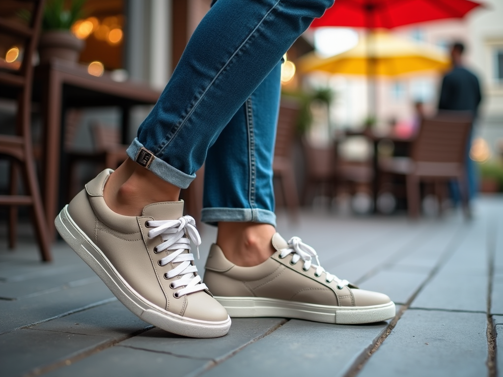 Person wearing beige sneakers and blue jeans, seated casually in an outdoor café setting.