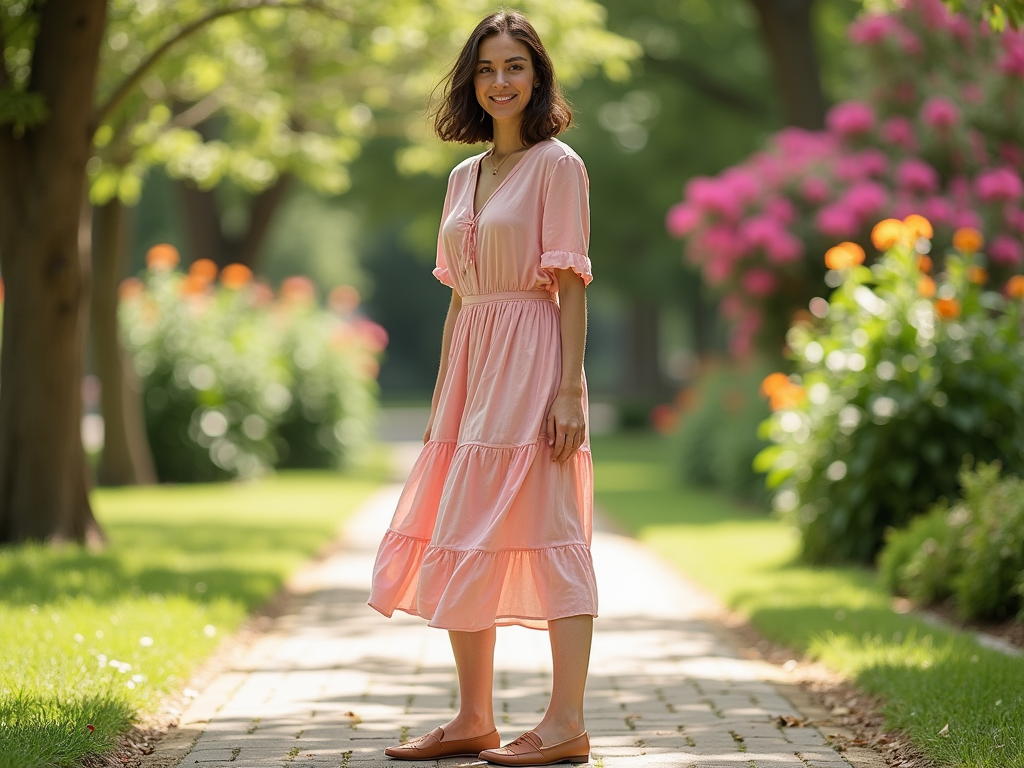 Woman in pink dress smiling, standing on a garden path with lush greenery and bright flowers.