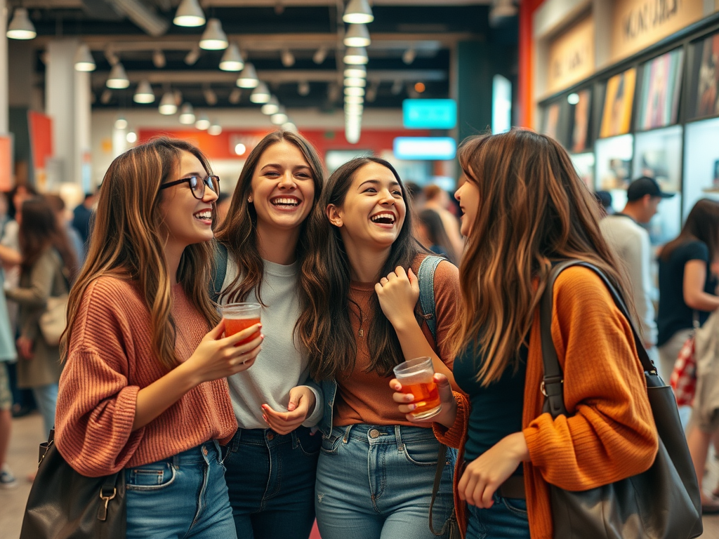 Four young women laugh and chat joyfully while holding drinks in a lively indoor setting.