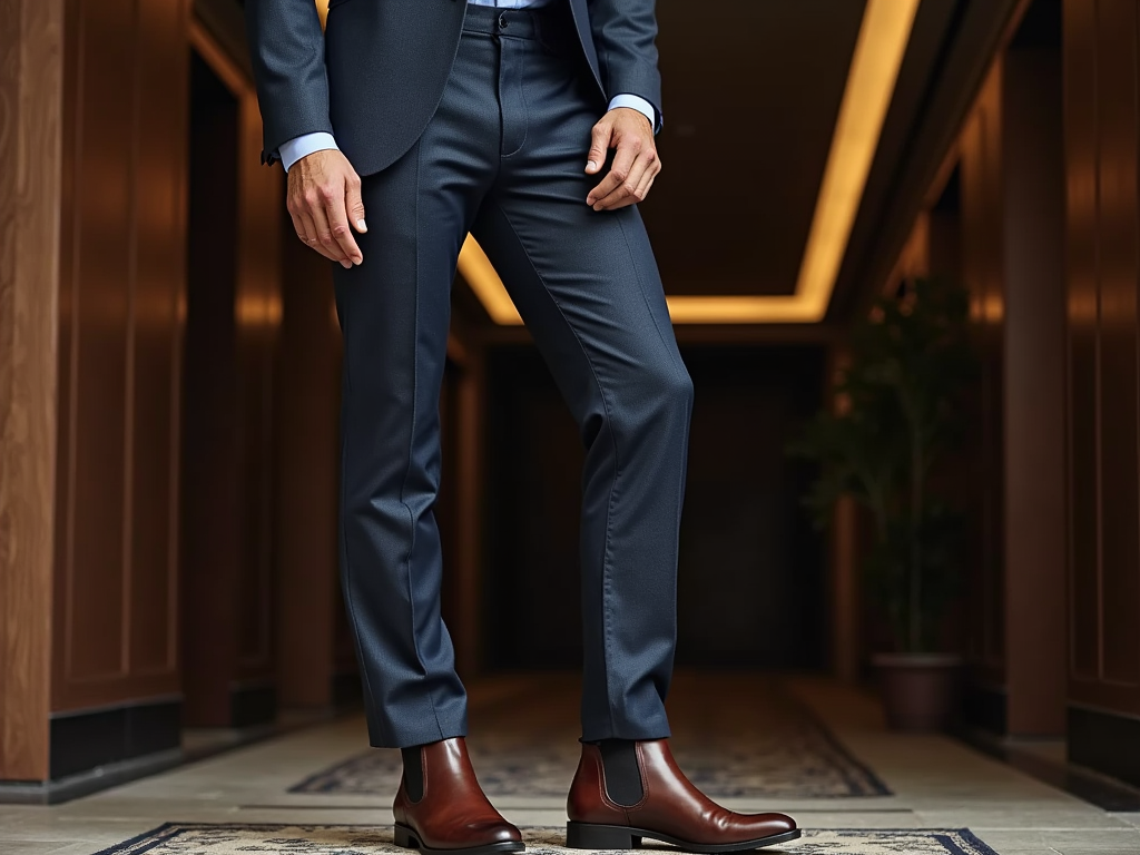 Man in a sharp blue suit and brown Chelsea boots standing in a stylish hallway.