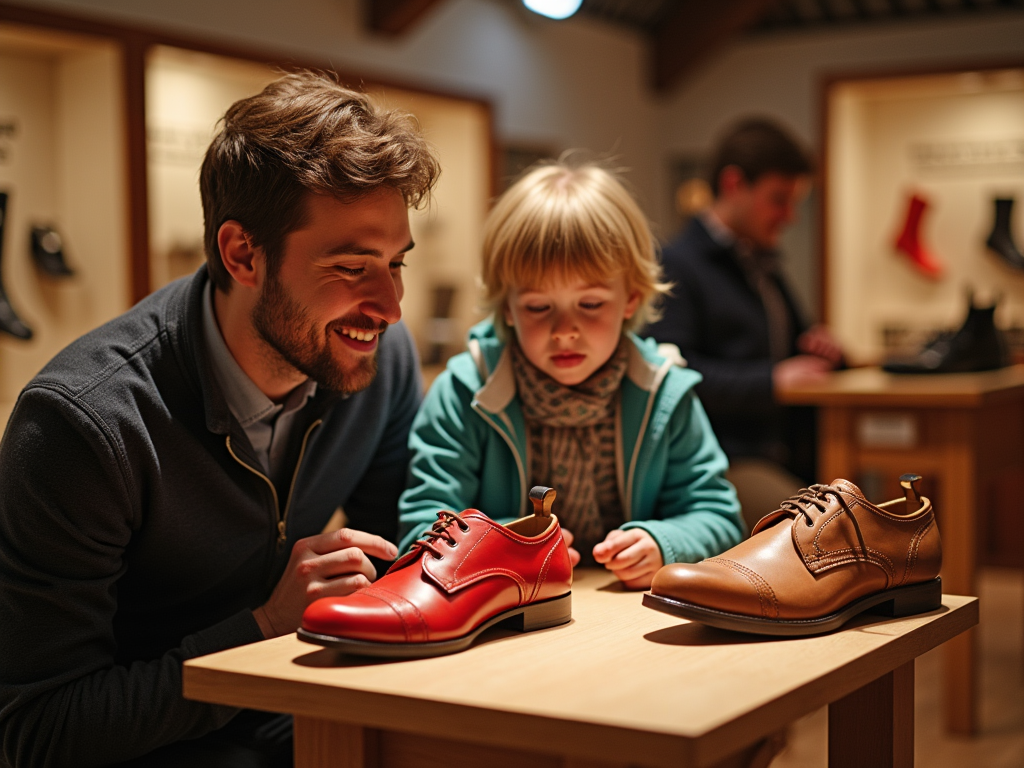 Man and child looking at shoes in a shoe store; child holds a red shoe while smiling.