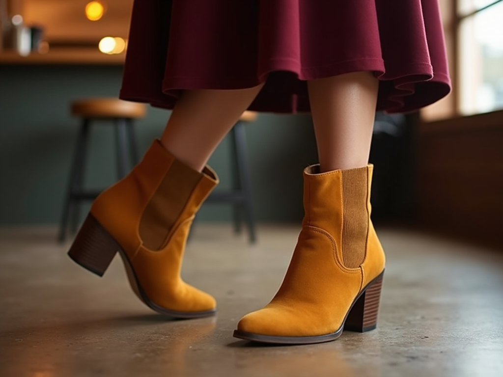 Woman wearing stylish mustard ankle boots and maroon skirt in a cozy cafe setting.