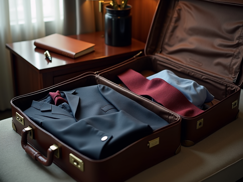 Open suitcase with neatly packed clothes, placed on a desk next to a book and pen.