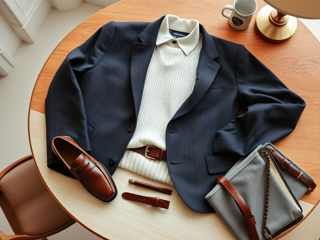 A stylish outfit on a table: navy blazer, white sweater, leather shoes, and accessories like a bag and belts.